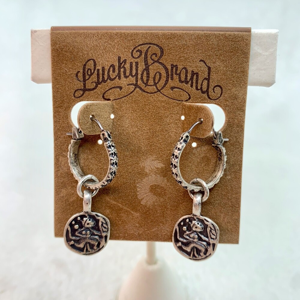 Lucky Brand Coin Drop Huggie Hoop Earrings Silver-tone Tribal Ancient Boho Charm